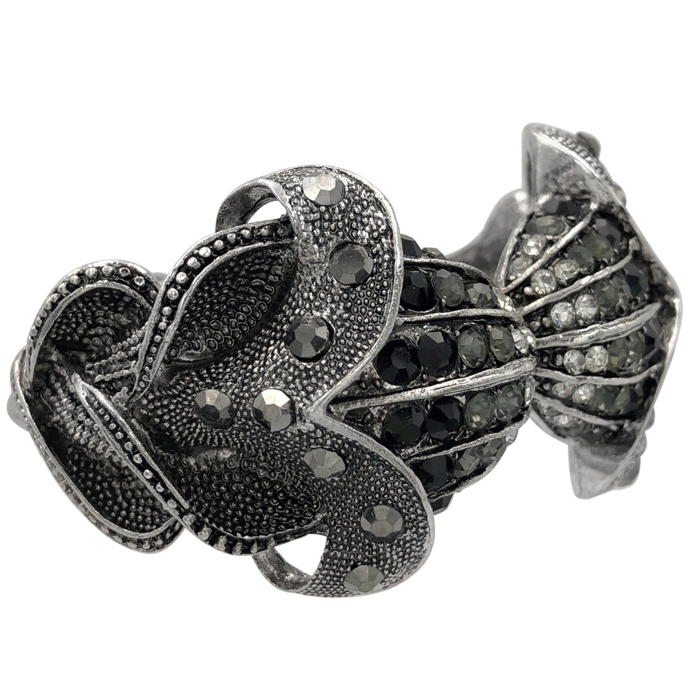 Exotic Flower Tulip Rhinestone Silver Black Statement Hinged Bangle Bracelet
